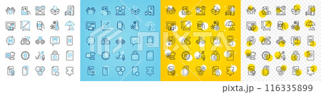 Vector icons set of Return package, Smartphone glass and Wish list line icons pack for web with Social media, Calculator target, Manual outline icon. Dumbbell, Like, Ranking pictogram. Vector 116335899