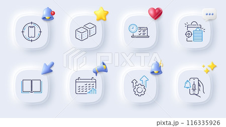 Seo gear, Calendar graph and Dice line icons. Buttons with 3d bell, chat speech, cursor. Pack of Smartphone target, Seo shopping, Online test icon. Book, Vaccine announcement pictogram. Vector Seo gear, Calendar graph and Dice line icons. Buttons with 3d bell, chat speech, cursor. Pack of Smartphone target, Seo shopping, Online test icon. Book, Vaccine announcement pictogram. Vector 116335926
