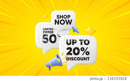 Up to 20 percent discount. 3d offer chat speech bubbles. Sale offer price sign. Special offer symbol. Save 20 percentages. Discount tag speech bubble 3d message. Talk box megaphone banner. Vector 116335928