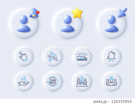 Saving electricity, Donation money and Clock bell line icons. Placeholder with 3d cursor, bell, star. Pack of Truck delivery, Business podium, Cashback icon. Cursor, Engineering team pictogram. Vector Saving electricity, Donation money and Clock bell line icons. Placeholder with 3d cursor, bell, star. Pack of Truck delivery, Business podium, Cashback icon. Cursor, Engineering team pictogram. Vector 116335953