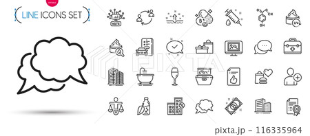 Pack of First aid, Chat message and Buildings line icons. Include Wineglass, Bitcoin, Dots message pictogram icons. Food donation, Chemical formula, Bath signs. Moisturizing cream. Vector 116335964