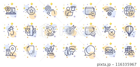 Outline set of Air balloon, 5g wifi and Timer line icons for web app. Include Target purpose, Cursor, Global insurance pictogram icons. Qr code, Phishing, Inventory signs. Microscope. Vector 116335967