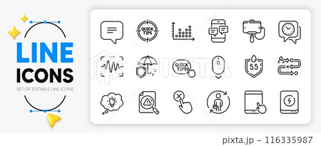 Power bank, Phone messages and Ph neutral line icons set for app include Scroll down, Dot plot, Journey path outline thin icon. Selfie stick, Tips, Umbrella pictogram icon. Tablet pc. Vector 116335987