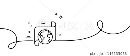 Global business documents line icon. Continuous one line with curl. Translation service sign. Internet marketing symbol. Translation service single outline ribbon. Loop curve pattern. Vector Global business documents line icon. Continuous one line with curl. Translation service sign. Internet marketing symbol. Translation service single outline ribbon. Loop curve pattern. Vector 116335988
