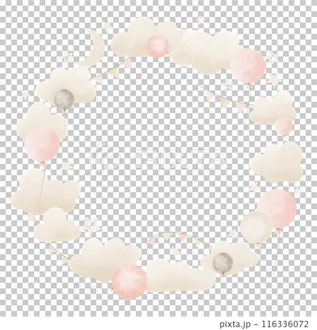Baby round Frame with Clouds and Balloons in pastel pink and beige colors. Border for boy greeting cards or birthday holiday invitations. Template for Border with stars and garlands. Baby round Frame with Clouds and Balloons in pastel pink and beige colors. Border for boy greeting cards or birthday holiday invitations. Template for Border with stars and garlands. 116336072