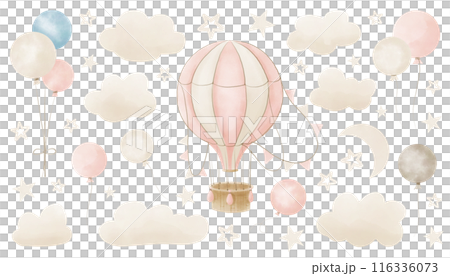 Watercolor hot Air Balloon with garlands, clouds and stars. Hand drawn Baby illustration of vintage aircraft in pastel pink end beige colors. Cute drawing for newborn shower or kid birthday. Watercolor hot Air Balloon with garlands, clouds and stars. Hand drawn Baby illustration of vintage aircraft in pastel pink end beige colors. Cute drawing for newborn shower or kid birthday. 116336073