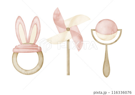 Watercolor set with baby Rattle, Pinwheel and Teething Toy. Illustration of Teether and Whirligig in pastel pink colors. Sketch of baby girl elements for baby shower or newborn greeting cards. Watercolor set with baby Rattle, Pinwheel and Teething Toy. Illustration of Teether and Whirligig in pastel pink colors. Sketch of baby girl elements for baby shower or newborn greeting cards. 116336076