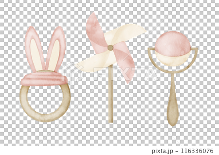 Watercolor set with baby Rattle, Pinwheel and Teething Toy. Illustration of Teether and Whirligig in pastel pink colors. Sketch of baby girl elements for baby shower or newborn greeting cards. Watercolor set with baby Rattle, Pinwheel and Teething Toy. Illustration of Teether and Whirligig in pastel pink colors. Sketch of baby girl elements for baby shower or newborn greeting cards. 116336076