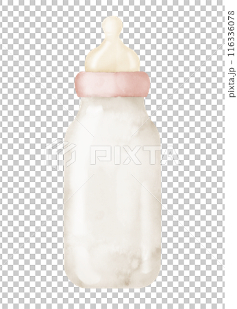Watercolor Baby Bottle for milk. Hand drawn illustration on isolated background. Object for child food. Drawing for greeting cards or invitations. Plastic element for little Girl. Pastel pink colors. 116336078