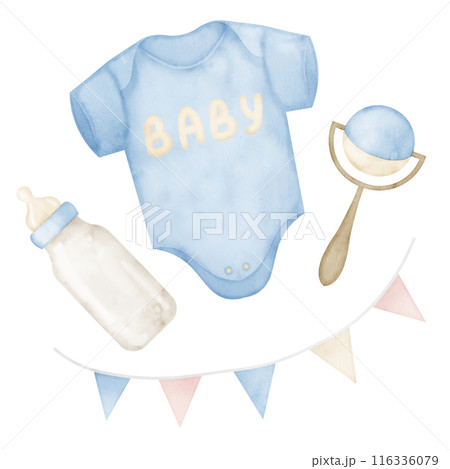 Baby Boy watercolor set. Drawing of kid bodysuit, bottle for milk, rattle toy and garland in pastel blue colors on isolated background. Childish clothes for newborn greeting cards or birthday cards. 116336079