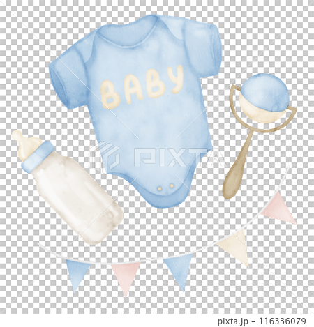 Baby Boy watercolor set. Drawing of kid bodysuit, bottle for milk, rattle toy and garland in pastel blue colors on isolated background. Childish clothes for newborn greeting cards or birthday cards. 116336079