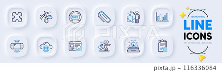 Puzzle, Cloud computing and Column chart line icons for web app. Pack of Fake news, Accounting checklist, Web report pictogram icons. Paper clip, Game console, Typewriter signs. Scissors. Vector 116336084