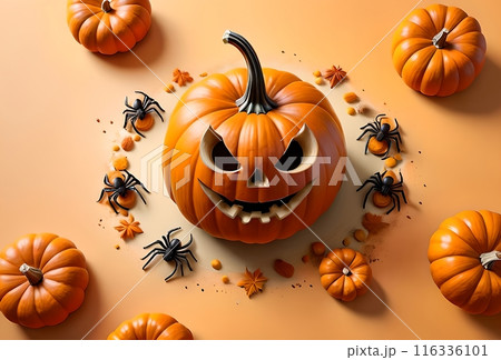 Halloween card, scarecrow in orange tracksuit with pumpkin Halloween card, scarecrow in orange tracksuit with pumpkin 116336101