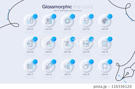 Set of Medical prescription, Blood and saliva test and Face search line icons for web app. Medical tablet, Coronavirus, Stop stress icons. Shield, Thermometer, Covid virus signs. Vector Set of Medical prescription, Blood and saliva test and Face search line icons for web app. Medical tablet, Coronavirus, Stop stress icons. Shield, Thermometer, Covid virus signs. Vector 116336120