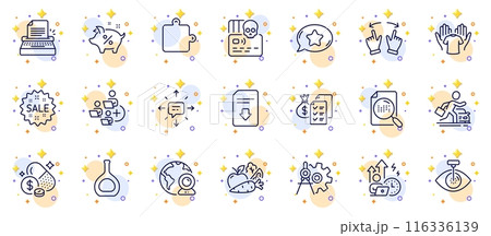Outline set of Video conference, Cognac bottle and Favorite chat line icons for web app. Include Vegetables, Cyber attack, Puzzle pictogram icons. Sale, Typewriter, Hold t-shirt signs. Vector 116336139