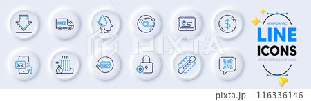 Free delivery, Downloading and Lock line icons for web app. Pack of Stress, Radiator, Qr code pictogram icons. Phone image, Hotdog, Dollar money signs. Gps, Vinyl record, Refund commission. Vector 116336146