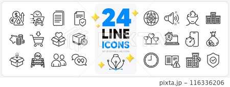 Icons set of Usa close borders, Donation and Cash line icons pack for app with Mental conundrum, Fuel price, Loud sound thin outline icon. Food delivery, Instruction manual, Time pictogram. Vector 116336206
