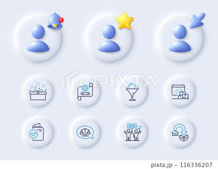 Ice cream, Cogwheel blueprint and Moving service line icons. Placeholder with 3d cursor, bell, star. Pack of Delivery calendar, Present box, Verification document icon. Vector 116336207