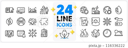 Icons set of Notification, Feedback and Report statistics line icons pack for app with Co2 gas, Puzzle, Manual doc thin outline icon. Framework, Recovery laptop, Time pictogram. Vector 116336222