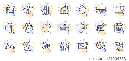 Outline set of Mattress, Factory and T-shirt line icons for web app. Include Burger, Computer security, Entrance pictogram icons. Search flight, Presentation, Flag signs. Change card. Vector Outline set of Mattress, Factory and T-shirt line icons for web app. Include Burger, Computer security, Entrance pictogram icons. Search flight, Presentation, Flag signs. Change card. Vector 116336228