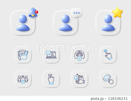 Cursor, Smile and Wash hands line icons. Placeholder with 3d star, reminder bell, chat. Pack of Rent car, Social distance, Lungs icon. Victory hand, Friends chat pictogram. Vector Cursor, Smile and Wash hands line icons. Placeholder with 3d star, reminder bell, chat. Pack of Rent car, Social distance, Lungs icon. Victory hand, Friends chat pictogram. Vector 116336231