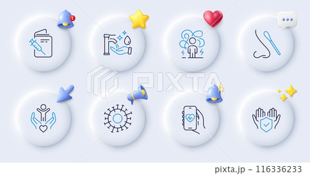 Vaccination passport, Difficult stress and Volunteer line icons. Buttons with 3d bell, chat speech, cursor. Pack of Health app, Washing hands, Insurance hand icon. Vector 116336233