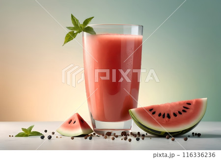 cold watermelon juice in a glass, isolated on green background 116336236