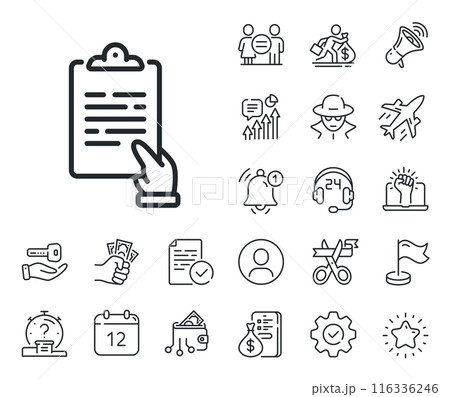 Agreement file sign. Salaryman, gender equality and alert bell outline icons. Clipboard document line icon. Survey record symbol. Clipboard line sign. Spy or profile placeholder icon. Vector Agreement file sign. Salaryman, gender equality and alert bell outline icons. Clipboard document line icon. Survey record symbol. Clipboard line sign. Spy or profile placeholder icon. Vector 116336246