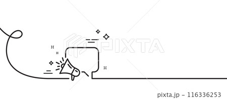 Megaphone line icon. Continuous one line with curl. Advertisement device symbol. Brand ambassador speech bubble sign. Megaphone single outline ribbon. Loop curve pattern. Vector Megaphone line icon. Continuous one line with curl. Advertisement device symbol. Brand ambassador speech bubble sign. Megaphone single outline ribbon. Loop curve pattern. Vector 116336253