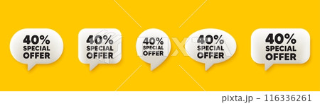 40 percent discount offer tag. 3d chat speech bubbles set. Sale price promo sign. Special offer symbol. Discount talk speech message. Talk box infographics. Vector 40 percent discount offer tag. 3d chat speech bubbles set. Sale price promo sign. Special offer symbol. Discount talk speech message. Talk box infographics. Vector 116336261