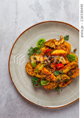 Salad, crispy eggplant in batter, with cherry, sesame seeds, olive oil, homemade, no people, 116336440