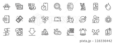 Icons pack as Bitcoin, Photo album and Qr code line icons for app include Microscope, Time management, Attached info outline thin icon web set. Creative idea, Bell alert, Inspect pictogram. Vector 116336442