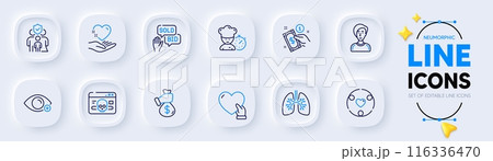 Lungs, Farsightedness and Chef line icons for web app. Pack of Bid offer, Inclusion, Volunteer pictogram icons. Cyber attack, Hold heart, Businesswoman person signs. Payment method. Vector 116336470