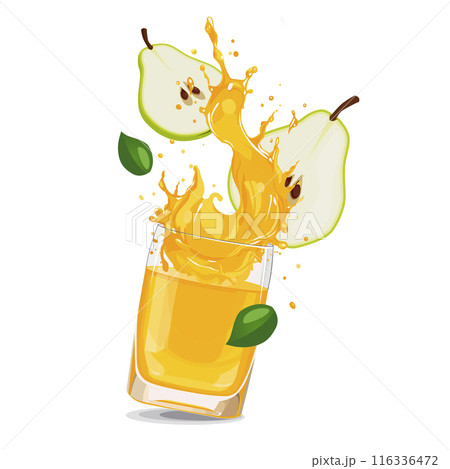 Splashes of yellow pear juice with slices. Vector clipart with summer drink isolated for design 116336472