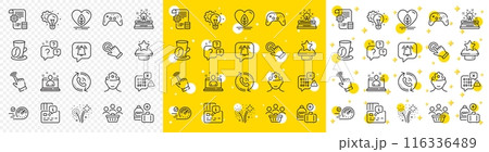 Outline Fireworks, Typewriter and Notification bubble line icons pack for web with Settings blueprint, Add handbag, Question bubbles line icon. Gamepad, Winner podium. Vector 116336489