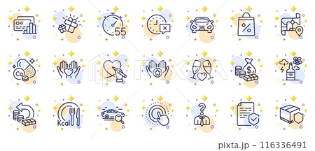 Outline set of Hold heart, Time and Calories line icons for web app. Include Money, Car, Social care pictogram icons. Shopping bag, Timer, Cobalt mineral signs. Hiring employees, Map, Gift. Vector 116336491