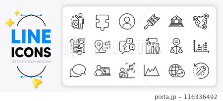Dot plot, Online education and Brush line icons set for app include Messenger, World statistics, Stress outline thin icon. Journey, Video conference, Music pictogram icon. Court building. Vector 116336492