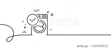 Washing machine line icon. Continuous one line with curl. Wash laundry sign. Washable cleaner symbol. Washing machine single outline ribbon. Loop curve pattern. Vector Washing machine line icon. Continuous one line with curl. Wash laundry sign. Washable cleaner symbol. Washing machine single outline ribbon. Loop curve pattern. Vector 116336521