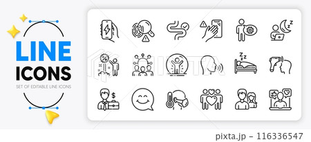Squad, Dont touch and Smile face line icons set for app include Charging app, Digestion, Sick man outline thin icon. Fingerprint, Human sing, Sleep pictogram icon. Recovered person. Vector Squad, Dont touch and Smile face line icons set for app include Charging app, Digestion, Sick man outline thin icon. Fingerprint, Human sing, Sleep pictogram icon. Recovered person. Vector 116336547