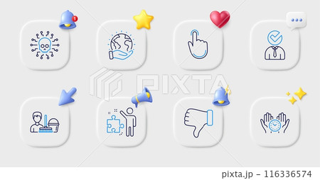 Vacancy, Cyber attack and Safe time line icons. Buttons with 3d bell, chat speech, cursor. Pack of Cleaning service, Dislike hand, Hand click icon. Strategy, Save planet pictogram. Vector Vacancy, Cyber attack and Safe time line icons. Buttons with 3d bell, chat speech, cursor. Pack of Cleaning service, Dislike hand, Hand click icon. Strategy, Save planet pictogram. Vector 116336574
