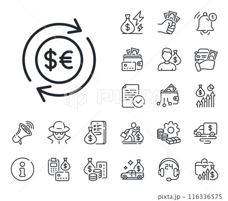 Banking currency sign. Cash money, loan and mortgage outline icons. Money exchange line icon. Euro and Dollar Cash transfer symbol. Money currency line sign. Credit card, crypto wallet icon. Vector 116336575
