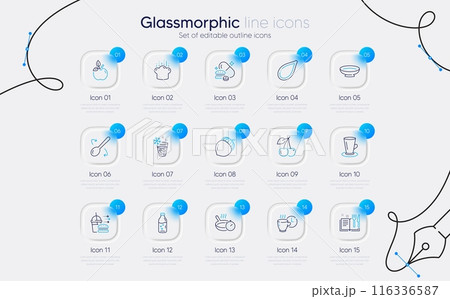 Set of Water bottle, Teacup and Cherry line icons for web app. Pumpkin seed, Frying pan, Food delivery icons. Dish, Eco food, Recipe book signs. Cooking spoon, Acorn, Cooking hat. Vector 116336587