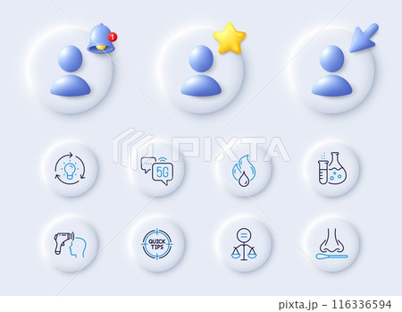 Electronic thermometer, Chemistry flask and Tips line icons. Placeholder with 3d cursor, bell, star. Pack of Nasal test, Idea, Ethics icon. Flammable fuel, 5g internet pictogram. Vector Electronic thermometer, Chemistry flask and Tips line icons. Placeholder with 3d cursor, bell, star. Pack of Nasal test, Idea, Ethics icon. Flammable fuel, 5g internet pictogram. Vector 116336594