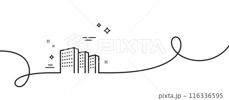 Buildings line icon. Continuous one line with curl. City architecture sign. Skyscraper building symbol. Buildings single outline ribbon. Loop curve pattern. Vector 116336595