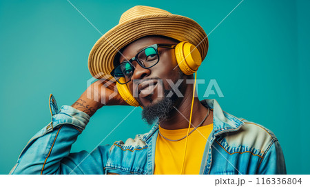 An African American man listens to music on headphones, looking modern and cool. The concept of style, relaxation, and the universal love of music. Generative AI. 116336804
