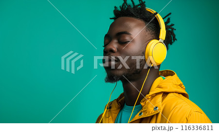 An African American man listens to music on headphones, looking modern and cool. The concept of style, relaxation, and the universal love of music. Generative AI. 116336811