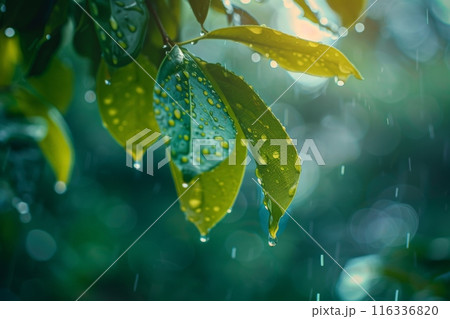 Rain-Drenched Leaves with Bokeh Background 116336820