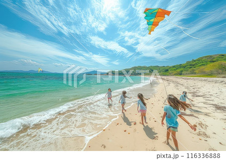 Kids playing with a colorful kite on a breezy day. 116336888