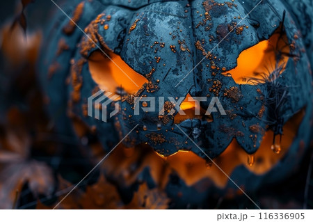Glowing Jack-o'-Lantern with Dew Drops 116336905