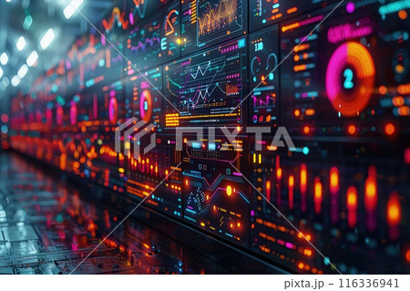 An array of futuristic screens displaying holographic data visualizations. 116336941